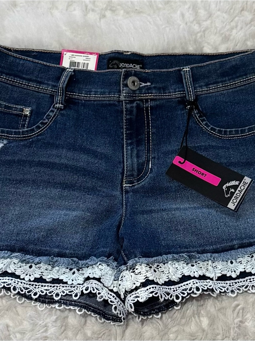Jordache Dark Blue Denim Shorts adjustable size 16 Waist with White Lace Hem